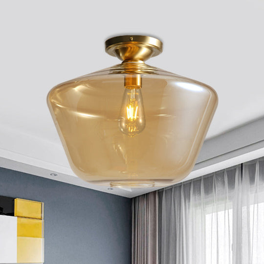 Mid Century Glamour: Cognac Glass Diamond Shaped Brass Flush Mount Ceiling Lamp - Single 9/15 Wide