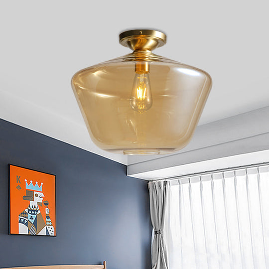 Mid Century Glamour: Cognac Glass Diamond Shaped Brass Flush Mount Ceiling Lamp - Single 9"/15" Wide