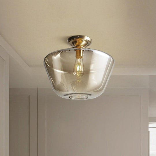 Mid Century Glamour: Cognac Glass Diamond Shaped Brass Flush Mount Ceiling Lamp - Single 9"/15" Wide