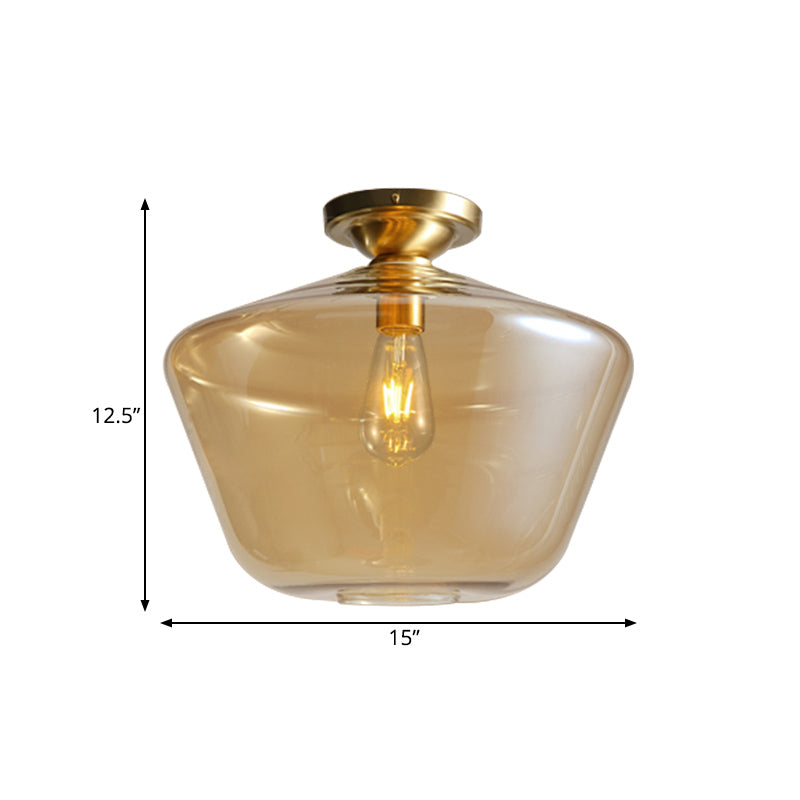 Mid Century Glamour: Cognac Glass Diamond Shaped Brass Flush Mount Ceiling Lamp - Single 9"/15" Wide