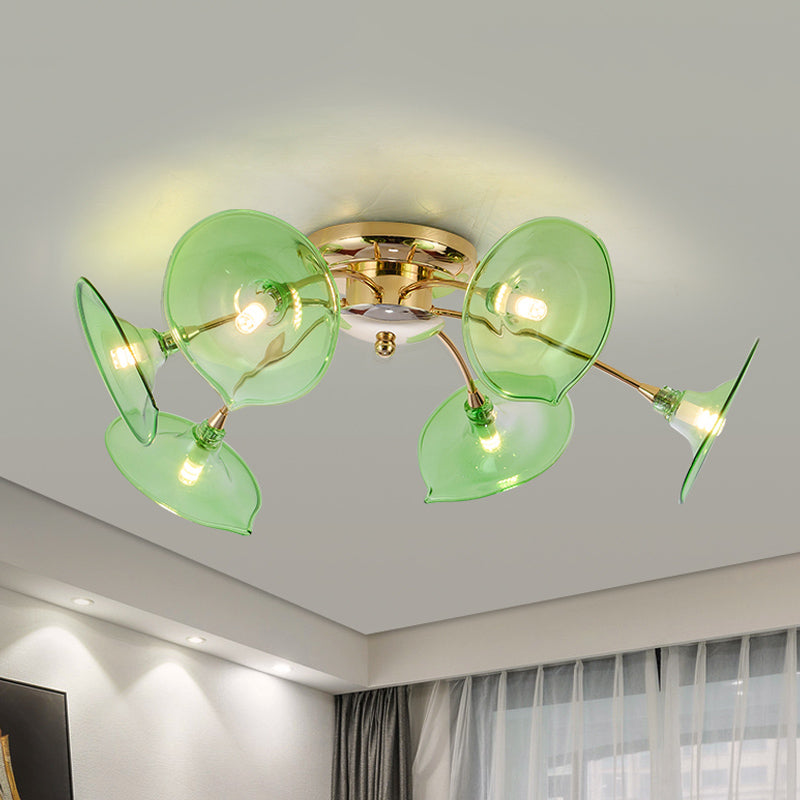 Vintage 6-Light Ceiling Lamp With Metal Brass Branchlet Design And Flare Green/Cognac Glass Shade -