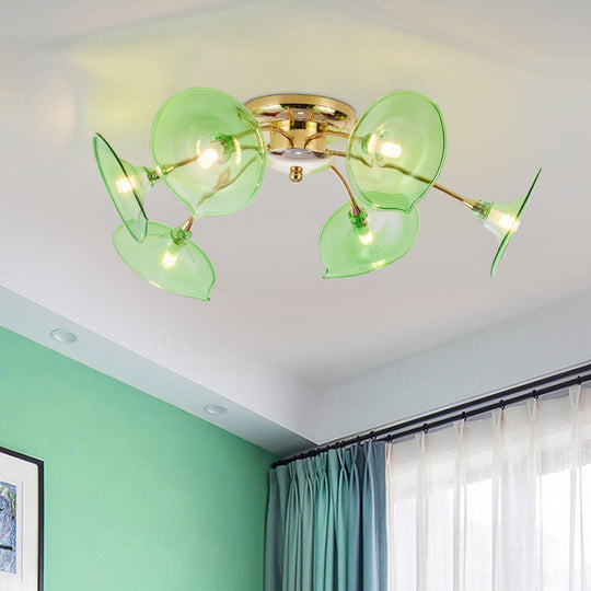 Vintage 6-Light Ceiling Lamp With Metal Brass Branchlet Design And Flare Green/Cognac Glass Shade -