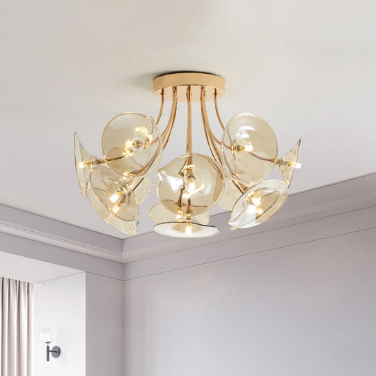 Mid-Century Wide Flare Amber Glass Semi Flush Light - Gold Finish Ceiling Fixture For Living Room