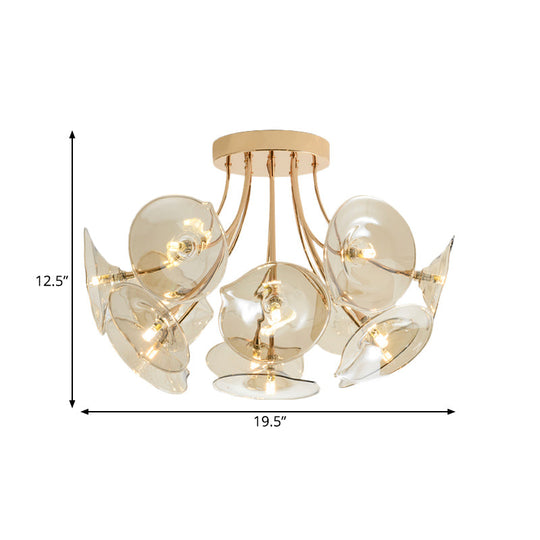 Mid-Century Wide Flare Amber Glass Semi Flush Light - Gold Finish Ceiling Fixture for Living Room (13 Bulbs)