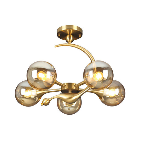 Burst Amber Glass Orb Semi Flush Chandelier - Postmodern 3/5 Heads Brass Ceiling Mounted Light with Curved Arm