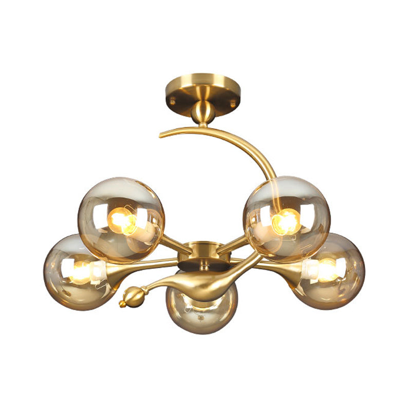 Burst Amber Glass Orb Semi Flush Chandelier - Postmodern 3/5 Heads Brass Ceiling Mounted Light With