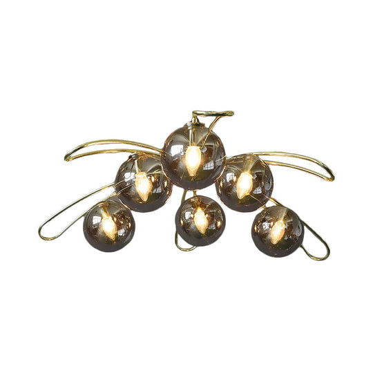 Mid Century Smoke Glass Ball Chandelier with Brass Branch Design and 6 Lights