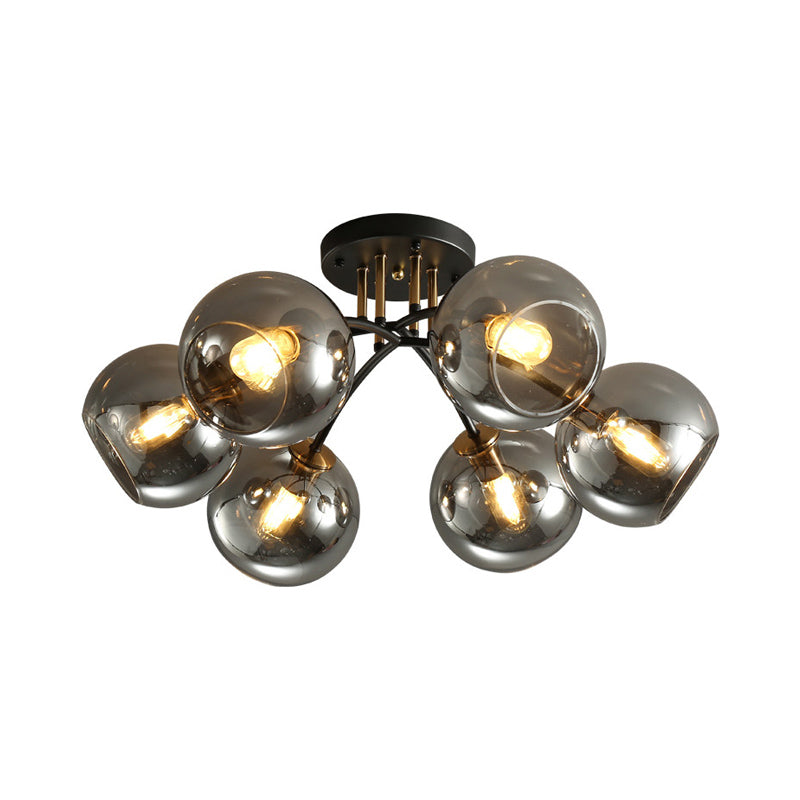 Vintage Black 6-Head Hotel Ceiling Light with Orb Smoke/Clear Glass Shade