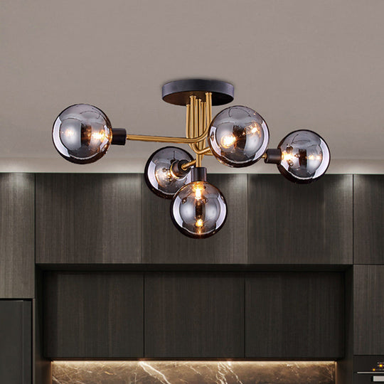 Retro-Style Semi Flush Mount Kitchen Ceiling Fixture With Smoke Closed Glass 5-Bulb Branch Design