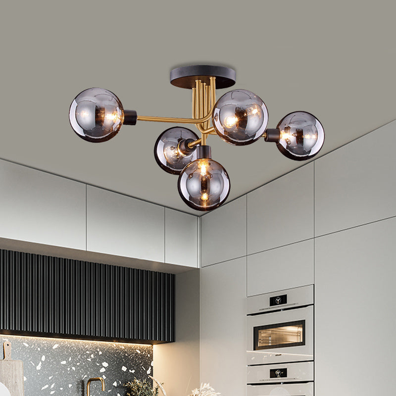 Retro-Style Semi Flush Mount Kitchen Ceiling Fixture With Smoke Closed Glass 5-Bulb Branch Design