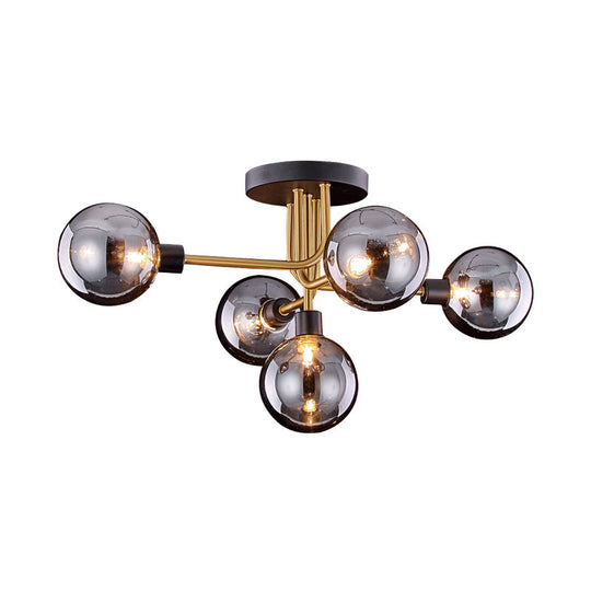 Retro-Style Semi Flush Mount Kitchen Ceiling Fixture With Smoke Closed Glass 5-Bulb Branch Design