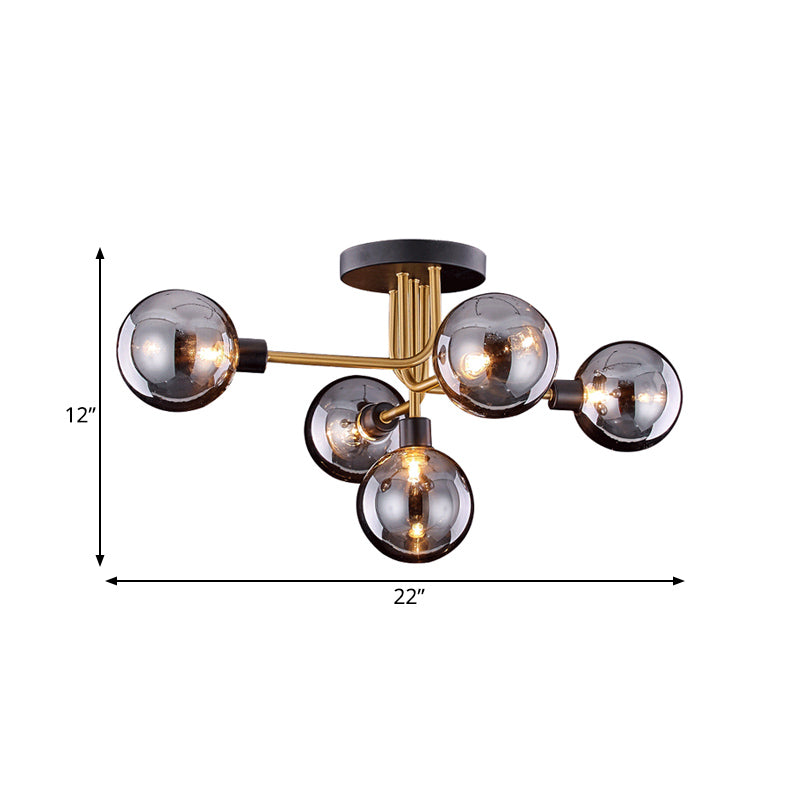 Retro-Style Semi Flush Mount Kitchen Ceiling Fixture With Smoke Closed Glass 5-Bulb Branch Design