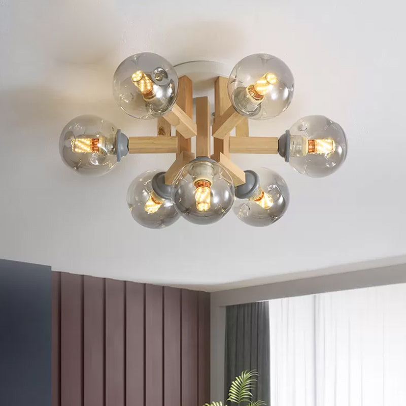 Postmodern Starburst Semi Mount 7-Light Bedroom Flush Ceiling Light with Smoke Grey Glass Shade