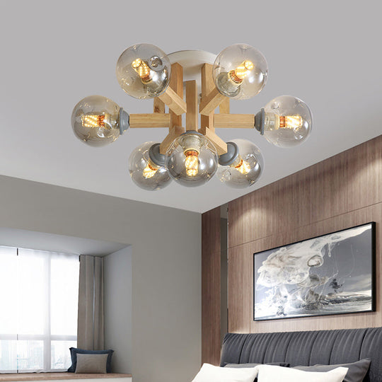 Postmodern Starburst Semi Mount 7-Light Bedroom Flush Ceiling Light with Smoke Grey Glass Shade