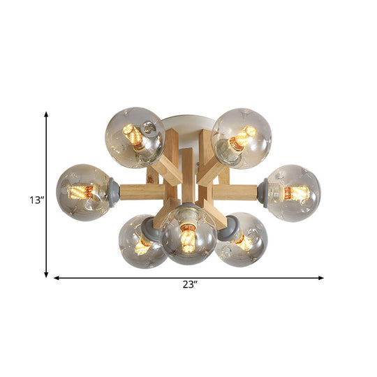 Postmodern Starburst Semi Mount 7-Light Bedroom Flush Ceiling Light with Smoke Grey Glass Shade