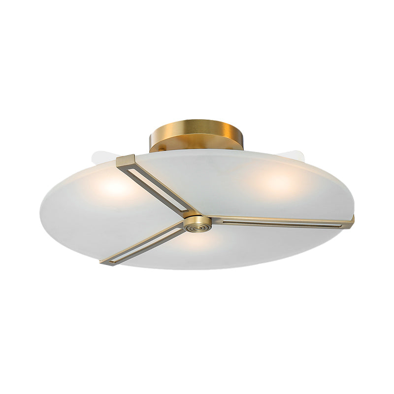 Frosted Glass Semi Flush Chandelier - Retro Plate Design With Brass Band (3 Bulbs)