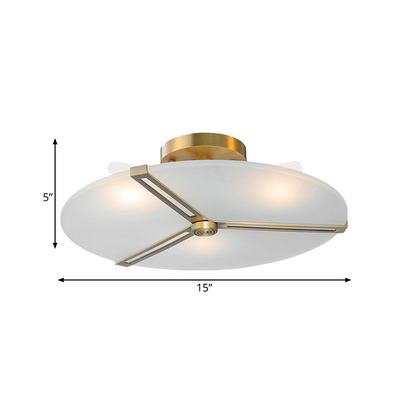 Frosted Glass Semi Flush Chandelier - Retro Plate Design With Brass Band (3 Bulbs)