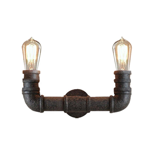 Rustic U-Shaped Wall Sconce Lighting With Wrought Iron Pipe - 2 Lights In Weathered Bronze