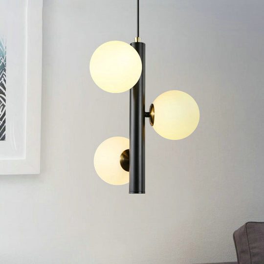 Contemporary Black/White Plumb Chandelier with 3 Frosted Glass Heads - Ceiling Pendant for Dining Table