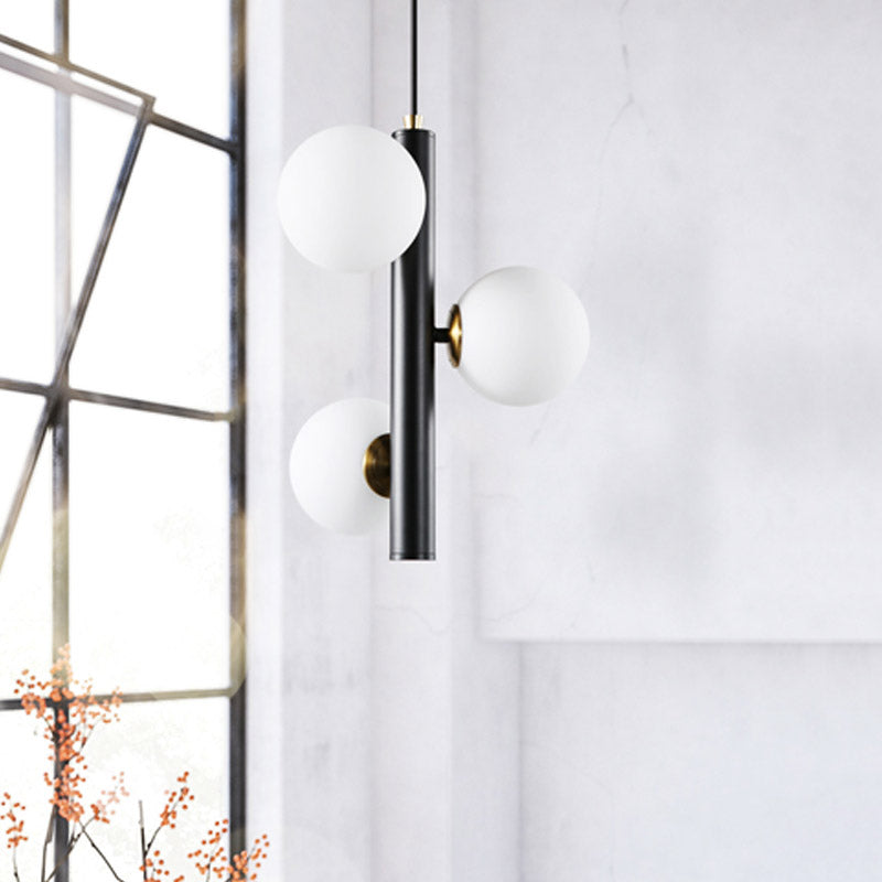 Contemporary Black/White Plumb Chandelier with 3 Frosted Glass Heads - Ceiling Pendant for Dining Table