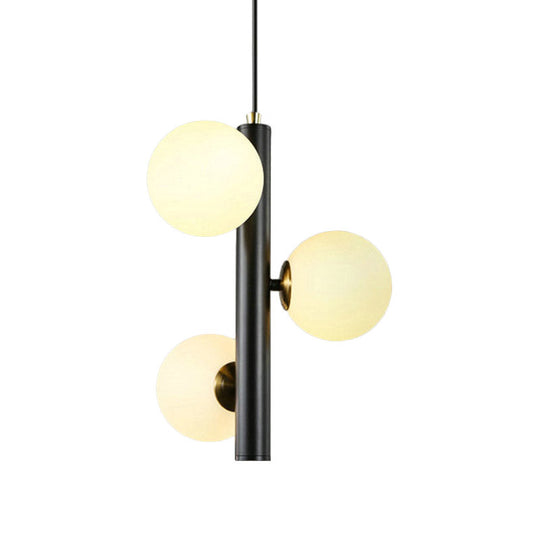 Contemporary Black/White Plumb Chandelier with 3 Frosted Glass Heads - Ceiling Pendant for Dining Table