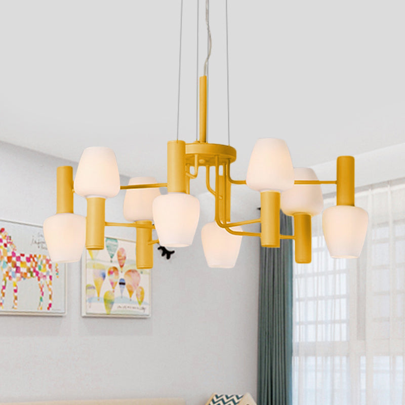 Macaron Pink/Yellow/Blue Lounge Chandelier with Milk Glass Shades - 8 Bulbs Hanging Lamp