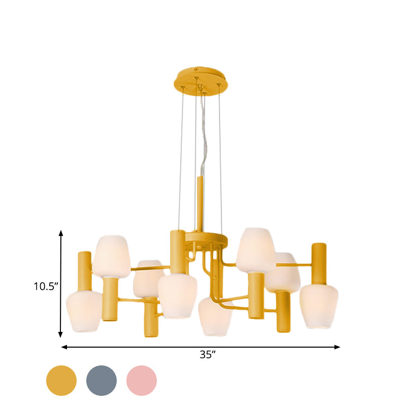 Macaron Pink/Yellow/Blue Lounge Ceiling Chandelier With 8 Bulbs And Milk Glass Up/Down Bottle Shades