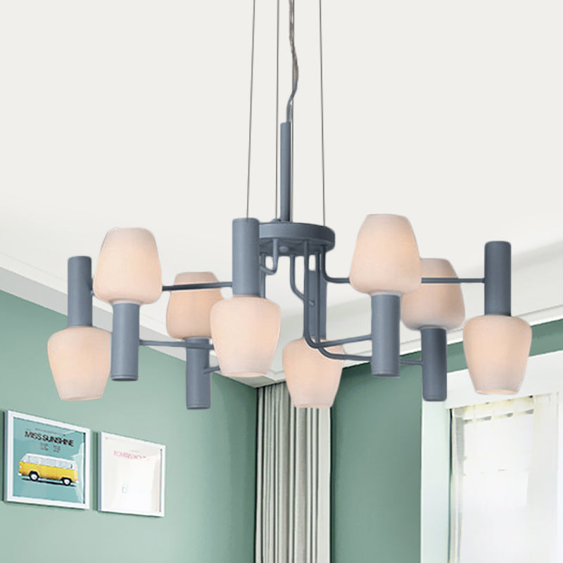 Macaron Pink/Yellow/Blue Lounge Ceiling Chandelier With 8 Bulbs And Milk Glass Up/Down Bottle Shades