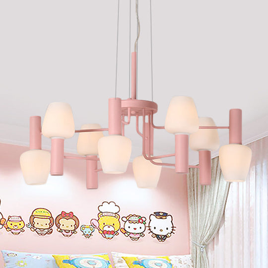 Macaron Pink/Yellow/Blue Lounge Ceiling Chandelier With 8 Bulbs And Milk Glass Up/Down Bottle Shades