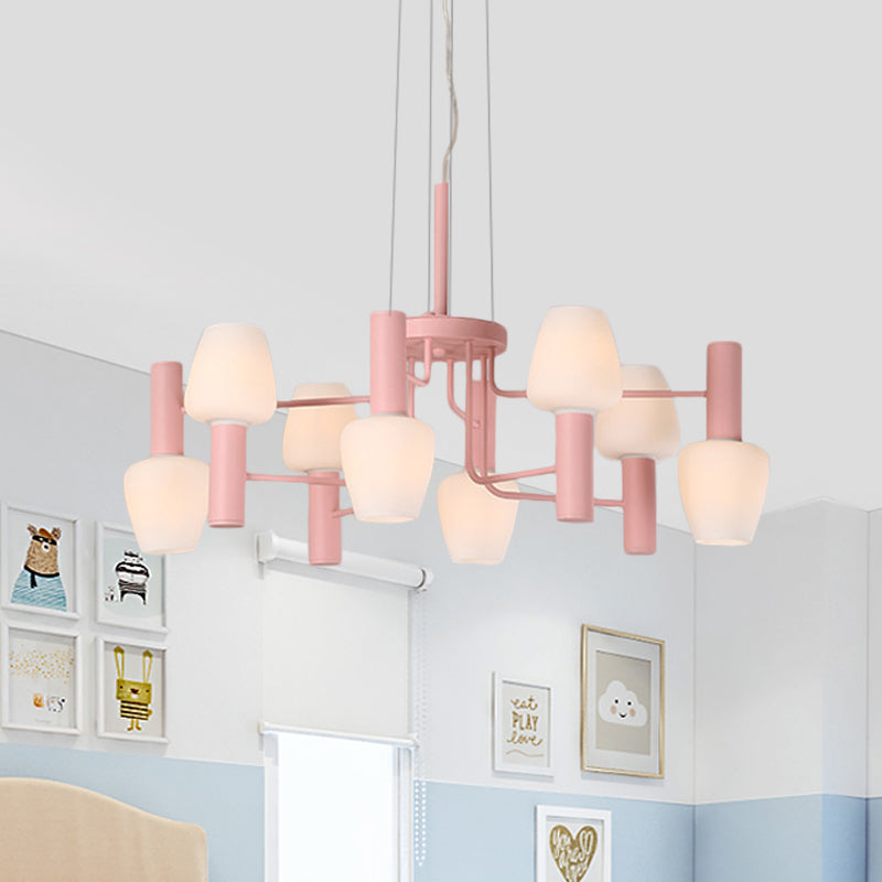 Macaron Pink/Yellow/Blue Lounge Ceiling Chandelier With 8 Bulbs And Milk Glass Up/Down Bottle Shades