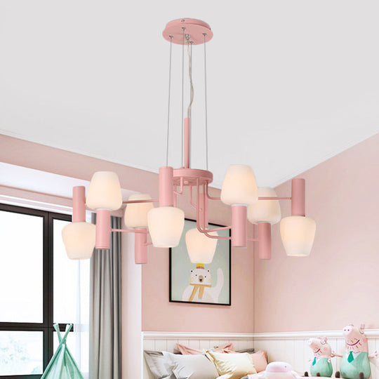 Macaron Pink/Yellow/Blue Lounge Ceiling Chandelier With 8 Bulbs And Milk Glass Up/Down Bottle Shades