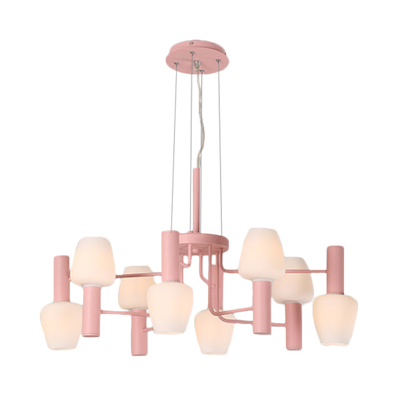 Macaron Pink/Yellow/Blue Lounge Chandelier with Milk Glass Shades - 8 Bulbs Hanging Lamp