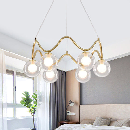 Modern Brass Chandelier With 6-Lights Iron Wave Pendant Ceiling Light Clear/White Double Ball Glass