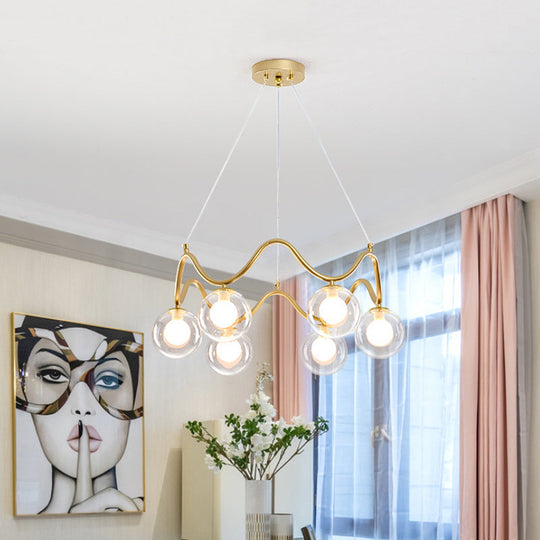 Modern Brass Chandelier With 6-Lights Iron Wave Pendant Ceiling Light Clear/White Double Ball Glass