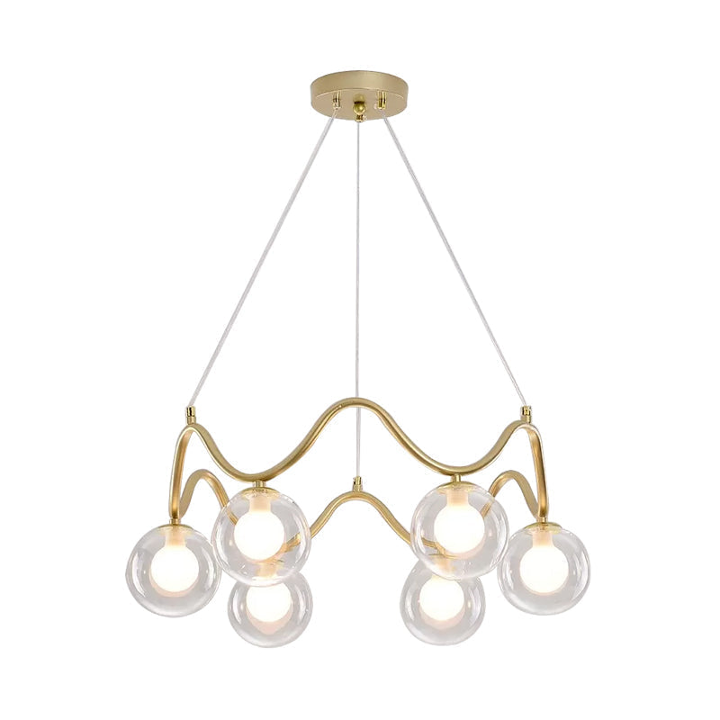 Modern Brass Chandelier With 6-Lights Iron Wave Pendant Ceiling Light Clear/White Double Ball Glass