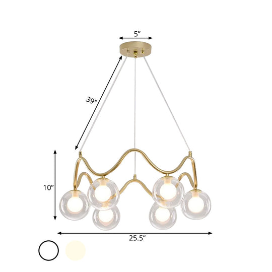 Modern Brass Chandelier With 6-Lights Iron Wave Pendant Ceiling Light Clear/White Double Ball Glass