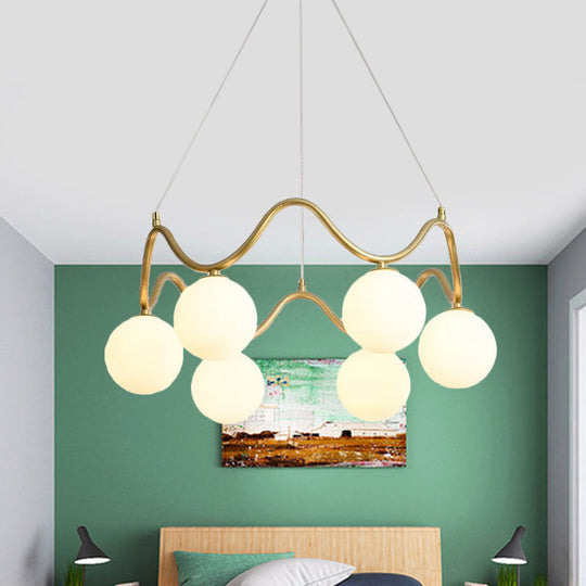 Modern Brass Chandelier With 6-Lights Iron Wave Pendant Ceiling Light Clear/White Double Ball Glass