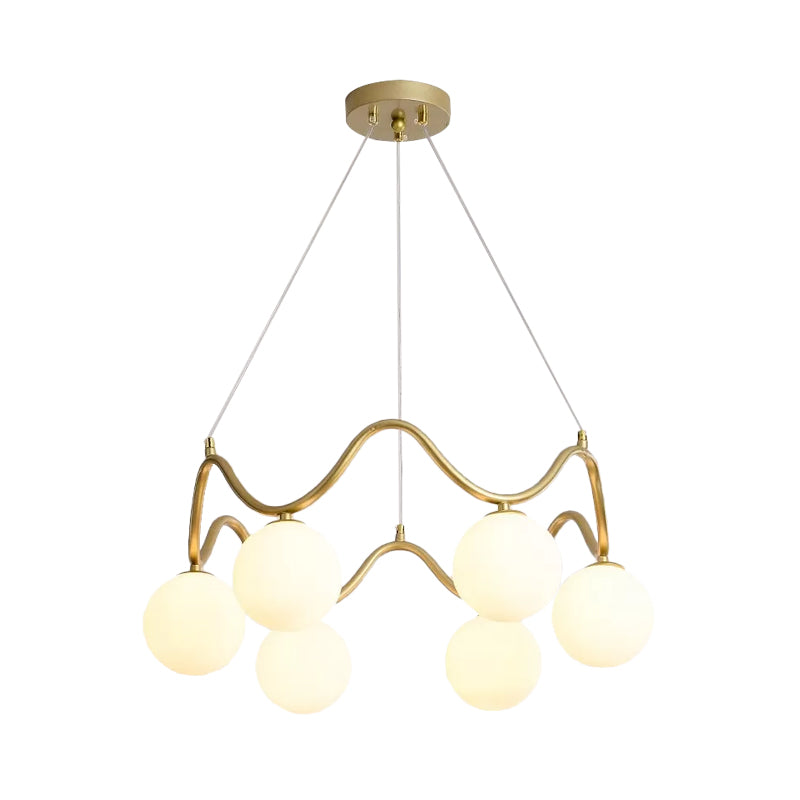 Modern Brass Chandelier With 6-Lights Iron Wave Pendant Ceiling Light Clear/White Double Ball Glass