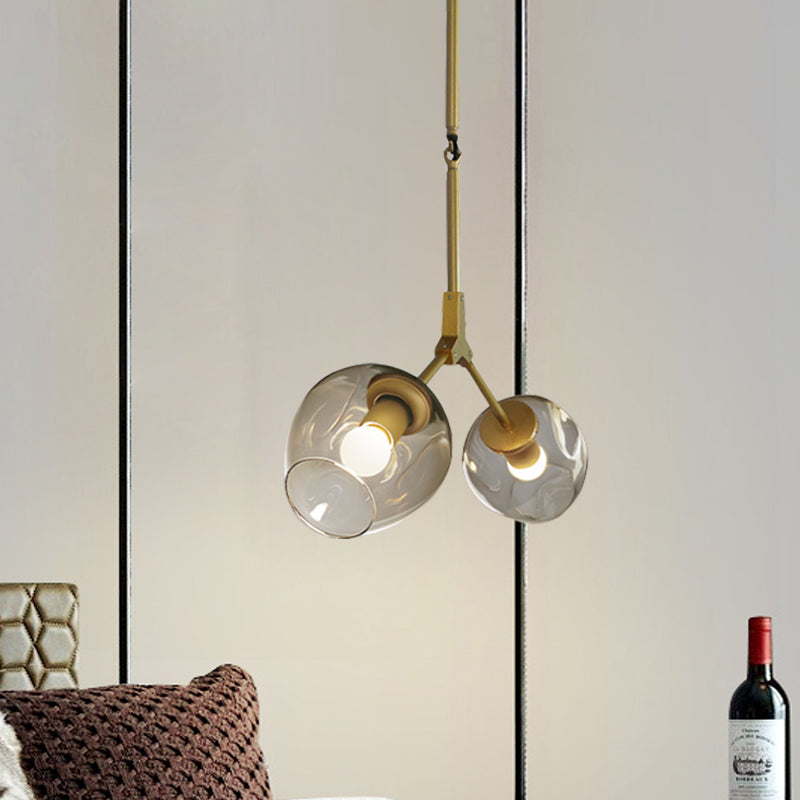 Modernist Black/Gold Bifurcated Chandelier With Open Dimpled Glass Suspension Pendant - 2 Lights