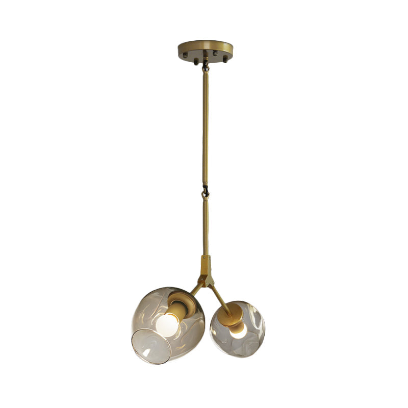 Modernist Black/Gold Bifurcated Chandelier With Open Dimpled Glass Suspension Pendant - 2 Lights