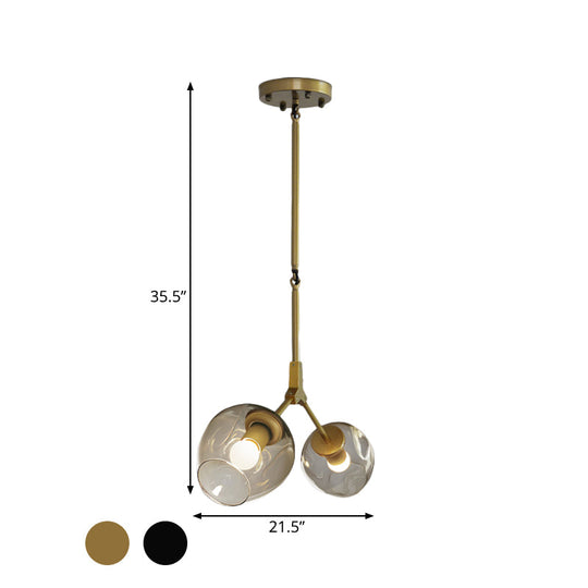 Modernist Black/Gold Bifurcated Chandelier With Open Dimpled Glass Suspension Pendant - 2 Lights