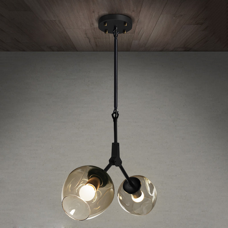 Modernist Black/Gold Bifurcated Chandelier With Open Dimpled Glass Suspension Pendant - 2 Lights