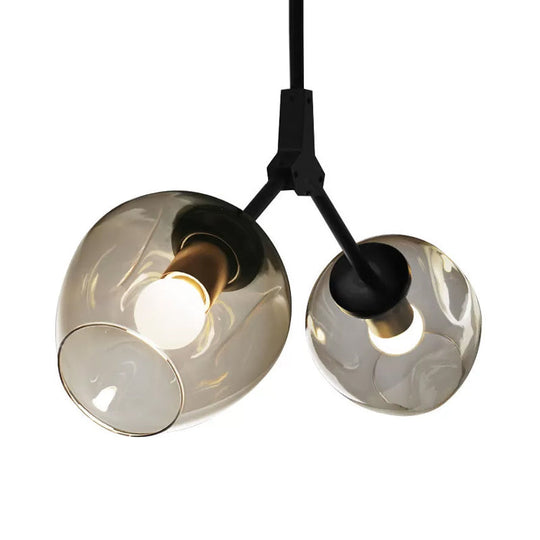 Modernist Black/Gold Bifurcated Chandelier With Open Dimpled Glass Suspension Pendant - 2 Lights