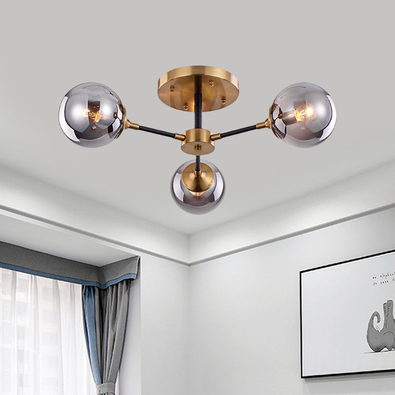 Modern Smoke Glass Semi Flush Mount Chandelier - Brass Black 3/6 Heads