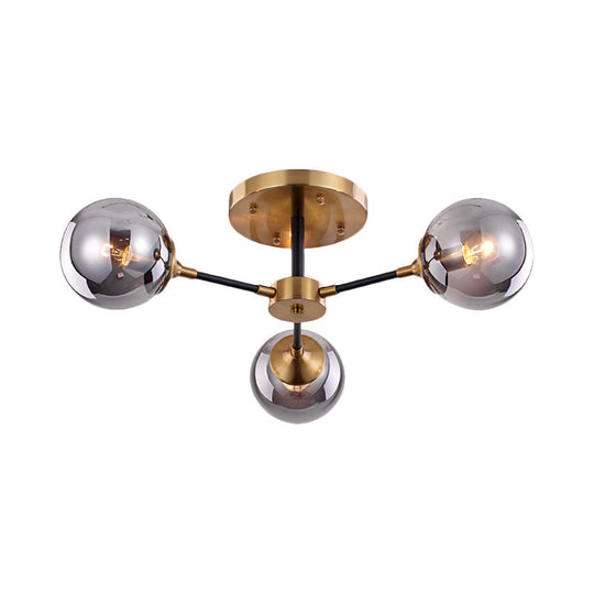 Postmodern Radial Smoke Glass Semi Flush Ceiling Chandelier - Brass & Black - 3/6 Heads