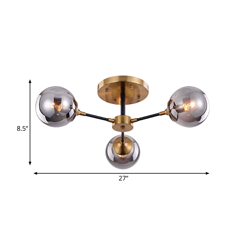 Modern Smoke Glass Semi Flush Mount Chandelier - Brass Black 3/6 Heads