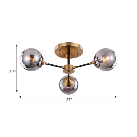 Modern Smoke Glass Semi Flush Mount Chandelier - Brass Black 3/6 Heads