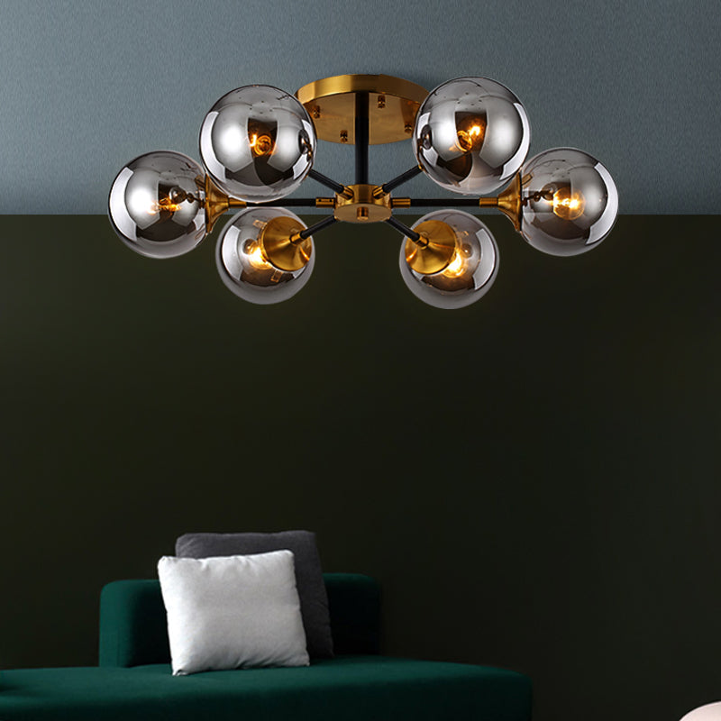 Postmodern Radial Smoke Glass Semi Flush Ceiling Chandelier - Brass & Black - 3/6 Heads