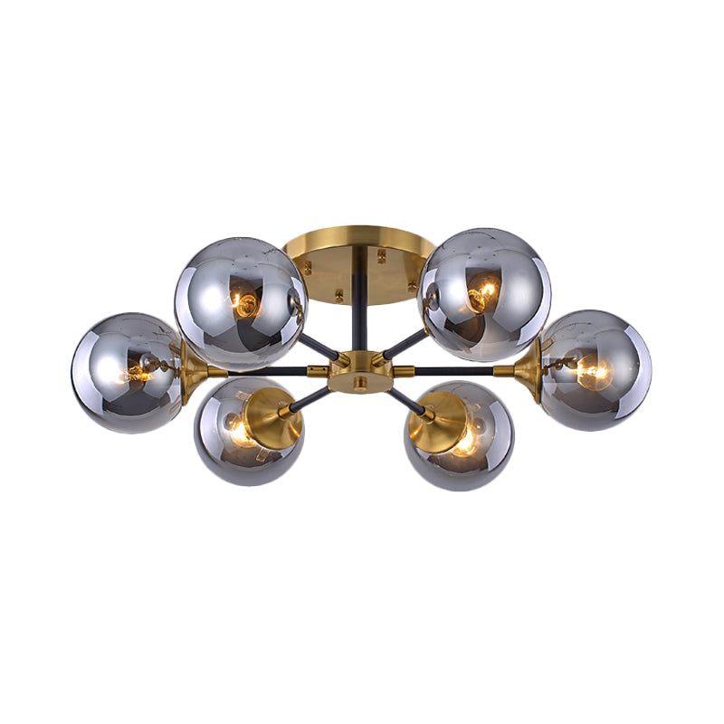 Postmodern Radial Smoke Glass Semi Flush Ceiling Chandelier - Brass & Black - 3/6 Heads