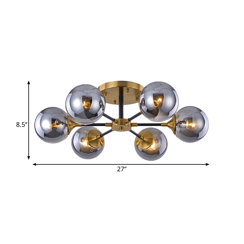 Postmodern Radial Smoke Glass Semi Flush Ceiling Chandelier - Brass & Black - 3/6 Heads